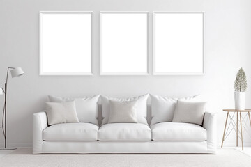 3  Blank picture frames in  a modern living room interior design, light white colors