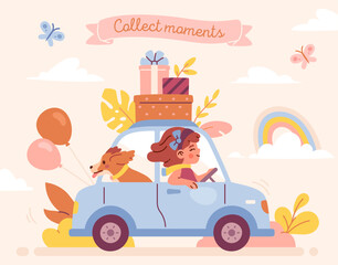 Adorable girl rides doll car with dog. Collect moments. Small happy child or kid with pet or puppy carrying gifts. Design for posters, postcards, printing on clothes. Cartoon flat vector illustration