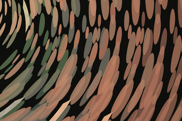 Orange green pattern of curved shapes on a black background. Abstract fractal 3D rendering