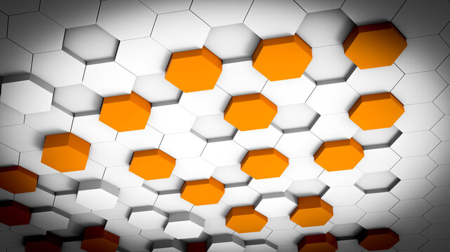 3d illustration of white and orange hexagonal background. Stock image.	