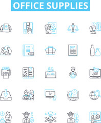Office supplies vector line icons set. Stationery, Paper, Pencils, Pens, Envelopes, Folders, Post-it illustration outline concept symbols and signs