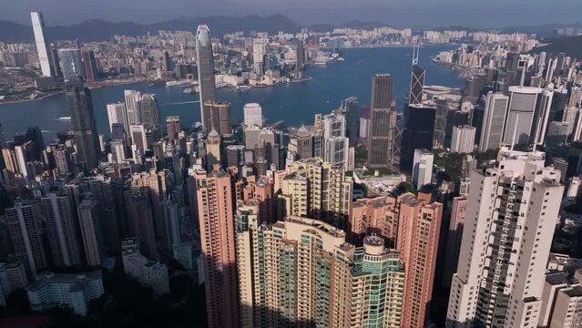 Flying Over The Majestic Buildings Of Hong Kong, Aerial View