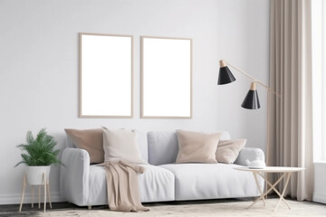 Fototapeta na wymiar 3 Blank picture frames in a modern living room interior design, light white colors