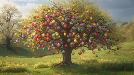 Fototapeta na wymiar A bunch of colorful Easter eggs on a tree. Generative AI. 