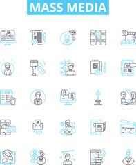 Mass media vector line icons set. Broadcasting, Newspapers, Magazine, Television, Film, Radio, Internet illustration outline concept symbols and signs