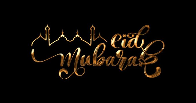 Eid Mubarak Animation Text in golden color on the black screen alpha channel. Modern Handwritten calligraphy with splash water and mosque ornament. Great for festivals, celebrations, and greetings