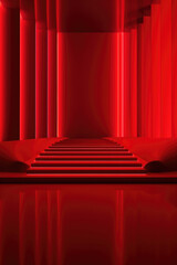 Red podium color 3D background with geometric shapes for product presentation minimal style, stage, red background.