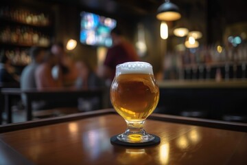 Preparation for watching the sport game.Cooled glass of beer with condensate on the wooden table. Blurred bar at the background Generative AI

