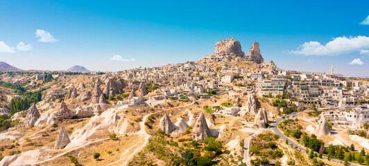 Uchisar castle in rock formation. Cappadocia. Nevsehir Province. Turkey