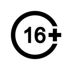 Sixteen plus icon. Number 16 in circle isolated on white background. Age censor sign. Movie viewing age limit mark. Vector graphic illustration