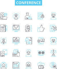 Conference vector line icons set. Convention, Symposium, Meeting, Forum, Assembly, Summit, Gathering illustration outline concept symbols and signs
