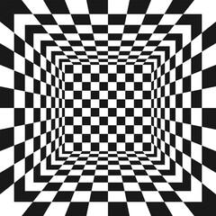 Square room with checkered texture. Hall, studio or portal interior in perspective. Inside structure of box with black and white squared pattern. 3D dimension