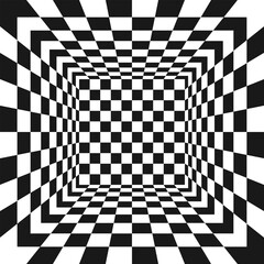Square room with checkered texture. Hall, studio or portal interior in perspective. Inside structure of box with black and white squared pattern. 3D dimension