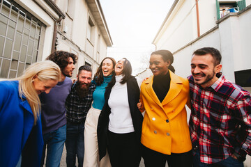 Multiracial group of stylish friends having fun together.
