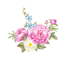Pink watercolor peony. Floral isolated illustration.