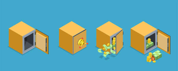 Obraz premium 3D Isometric Flat Vector Set of Bank Vaults, Steel Lockers, Deposit Boxes