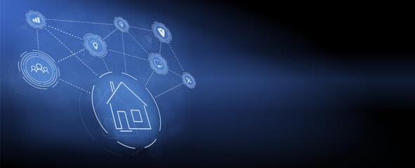 Banner of Smart Home technology. The building consists of numbers and is connected by icons of household smart devices. Intelligent home management system. 