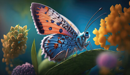 Fototapeta na wymiar Beautiful spring background with bright blue, orange butterfly sitting on flower leaf on nature background. Delicate elegant dreamy airy artistic image harmony of nature. AI generative