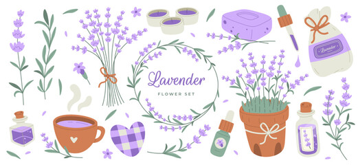 Lavender flat illustrations set. Fragrant hot drink, essential oil, serum, soap and candles. Organic aromatic