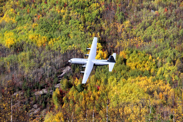 Water bomber making test run over treetops