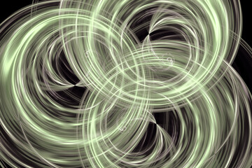 Green triple swirling pattern of crooked waves on a black background. Abstract fractal 3D rendering