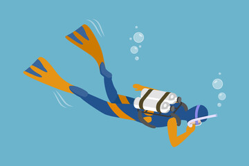 3D Isometric Flat Vector Conceptual Illustration of Scuba Diver, Underwater Marine Life