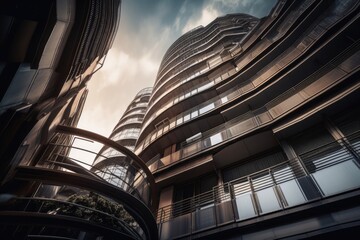 Modern architecture, big curved glass windowed office building. High quality generative ai