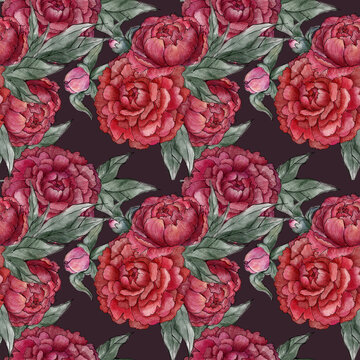 A watercolor seamless pattern of red peonies with leaves and flowers.