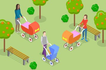 3D Isometric Flat Vector Conceptual Illustration of Parents Walk, Leisure Time in Park