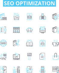 SEO optimization vector line icons set. SEO, optimization, ranking, content, visibility, backlinks, traffic illustration outline concept symbols and signs