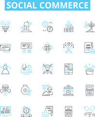 Social commerce vector line icons set. E-commerce, Networking, Sharing, Community, Marketplace, Selling, Buying illustration outline concept symbols and signs