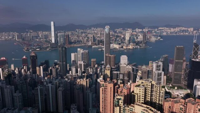Flying Over The Majestic Buildings Of Hong Kong, Aerial View
