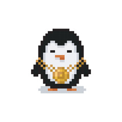 Penguin with gold chain, animal meme pixel art