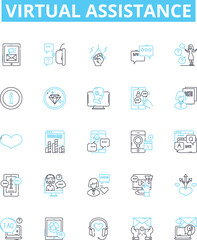 Virtual assistance vector line icons set. Virtual, Assistance, AI, Chatbot, Automation, Helper, Robot illustration outline concept symbols and signs - obrazy, fototapety, plakaty