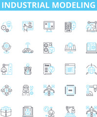 industrial modeling vector line icons set. Industrial, Modeling, Manufacturing, Process, Factory, Simulation, Analysis illustration outline concept symbols and signs