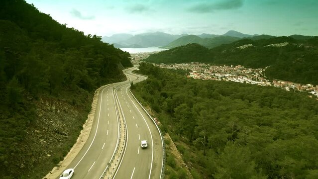 Aerial view of the modern winding road leading to the city of Marmaris, Turkey