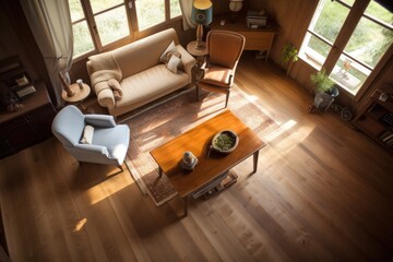 Top down perspective look down on a country house wooden living room furnished with a sofa, armchair, coffee table, carpet, and wooden floors. High quality generative ai