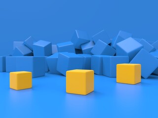 Obraz premium Three yellow cubes stand out on a blue background filled with blue cubes - abstract background