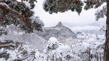 Image of the Ancient/ Abbey of San Michele built on Mount Pirchiriano located at the entrance of the Susa Valley, around the years between 983 and 987 A.D. with an abundant snowfall