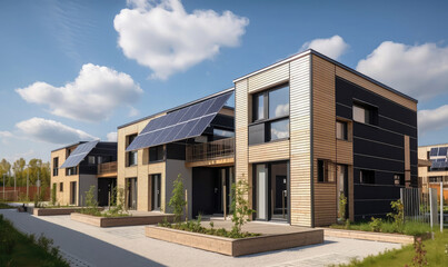 Fototapeta na wymiar Houses with solar panels on the roof, generative AI