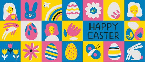 Happy Easter. Patterns. Modern geometric abstract style. A set of vector Easter illustrations. Easter eggs, rabbit. Good for social media post, poster.  vector illustration graphics concept. 