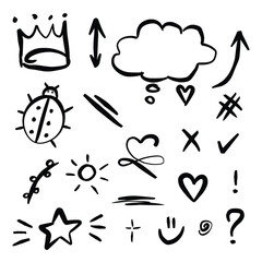Set of hand drawn doodles. Cute doodles on a white background. Cute illustrations. EPS Vector
