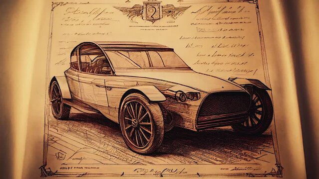 A drawing of a car on a brown book page from an old illustration AI generated