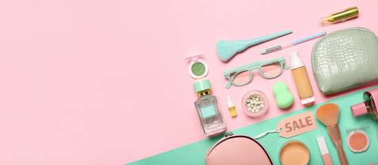 Set of makeup cosmetics and accessories for sale on color background with space for text