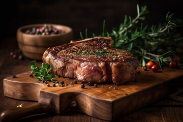 fresh steak on a bone on a wooden board with herbs, wooden background Generative AI