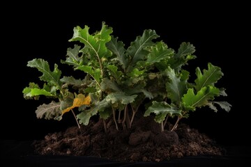 Oak tree planted in the soil substrate. Seedlings or plants illuminated by the side light. Highly lighted oak leaves with dark background. High quality generative ai