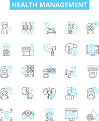 Health management vector line icons set. Wellness, Care, Prevention, Rehabilitation, Therapy, Nutrition, Exercise illustration outline concept symbols and signs