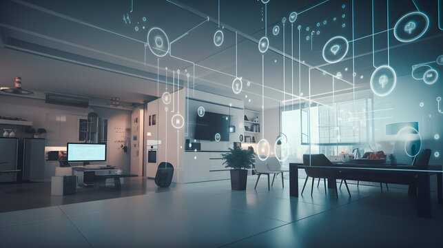 the concept of the Internet of Things with an image of a smart home, featuring various connected devices and appliances AI