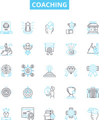 Coaching vector line icons set. Coaching, Tutoring, Training, Mentoring, Educating, Guiding, Instructing illustration outline concept symbols and signs