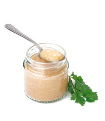 Jar with caviar of capelin, spoon and parsley isolated on white background